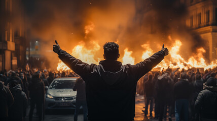 Concept protesters riot people. Back view Aggressive man without face in hood against backdrop of protests and burning cars - obrazy, fototapety, plakaty
