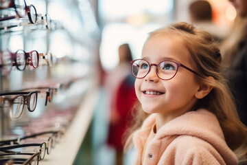 Little happy girl choosing glasses for vision eye at optical store - obrazy, fototapety, plakaty
