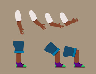 Set of Character Constructor for Animation. Upper and lower limbs of small African American boy at different moments of movement. Cartoon flat vector illustrations isolated on brown background