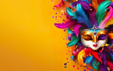 Mardi Gras poster. Banner template with Venetian masquerade mask for women, confetti and feathers isolated on warm yellow background, copy space. Costume party flyer for carnivals. AI Generative - obrazy, fototapety, plakaty