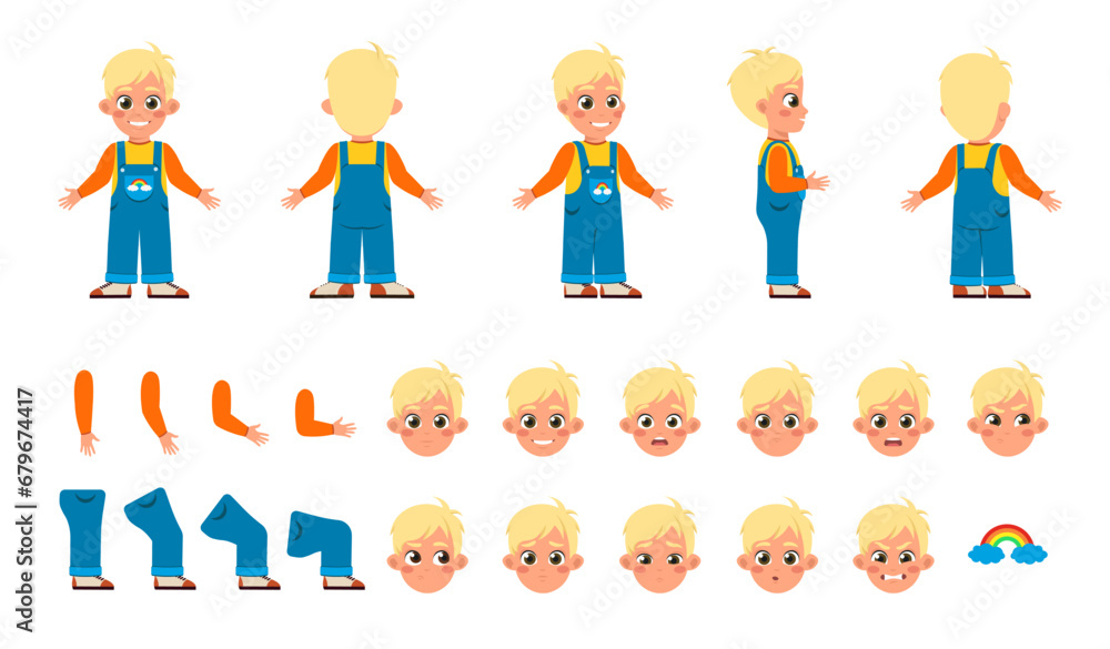 Poster set of character constructor for animation. cute boy child in stylish overalls. body parts in differ