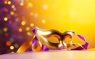 Mardi Gras poster. Banner with Venetian carnival mask and laces on warm yellow and purple background. Costume party flyer for masquerades. Bokeh, de focus. AI Generative