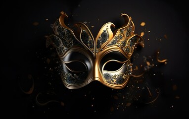 Happy Mardi Gras poster. Banner template with a photorealistic golden Venetian carnival mask, faded on black background, copy space. Minimalistic costume party flyer for masquerades. AI Generative - obrazy, fototapety, plakaty