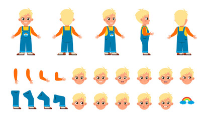 Set of Character Constructor for Animation. Cute boy child in stylish overalls. Body parts in different poses and facial expressions. Cartoon flat vector illustrations isolated on white background