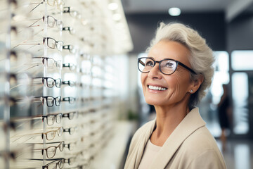 Portrait happy elder woman choosing glasses for vision eye at optical store