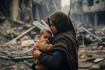 Young woman mother in hijab holds baby child against background of destroyed buildings home due to war or earthquake