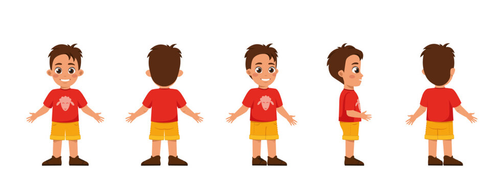 Set of Character Constructor for Animation. Happy little preschooler boy in full growth. Child body from different sides and angles. Cartoon flat vector illustrations isolated on white background