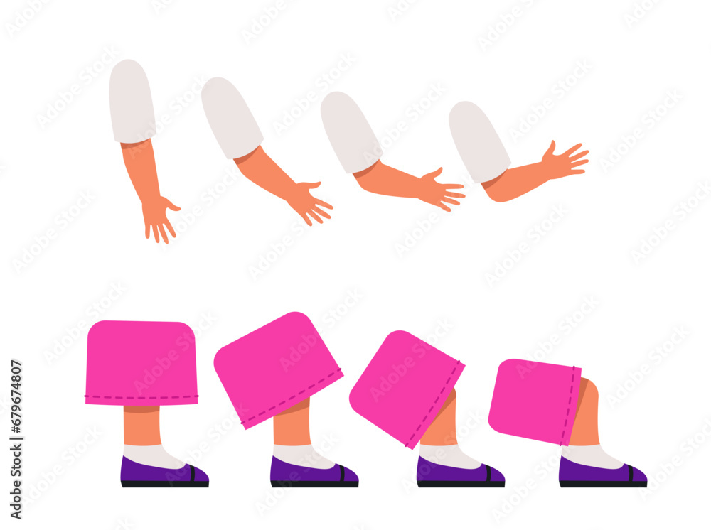 Poster set of character constructor for animation. collection of hands and feet of child with bent knees an