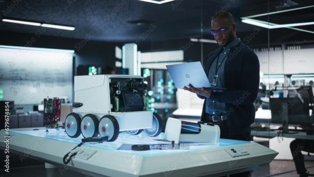 Poster Portrait of an African Engineer Using a Laptop Computer to Write a Report on Delivery Robot Prototype in a Research Laboratory. Young Black Quality Assurance Specialist Reporting Bugs in Code