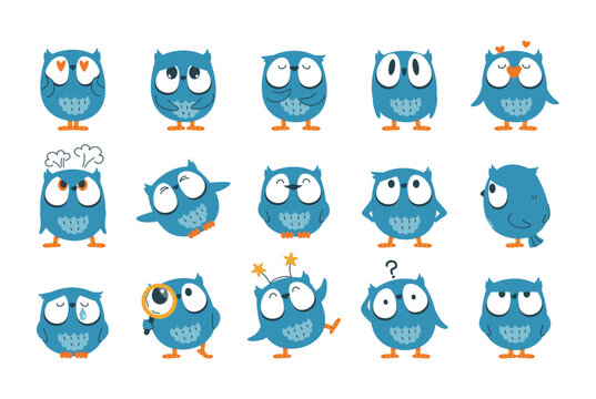 Vector set of funny cute owls with different emotions. Owls icons, stickers
