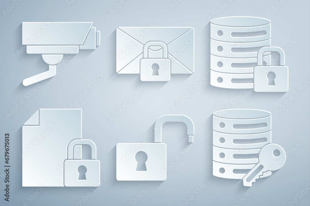 Poster set open padlock, server security with, document and, key, mail message password and security camera