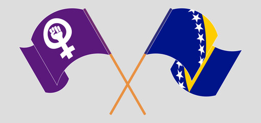 Crossed and waving flags of Feminism and Bosnia and Herzegovina