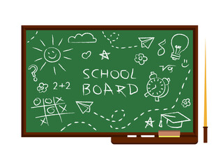 School supplies element. Colorful sticker with school board, chalk, rag and teacher pointer. Back to school. Educational lesson in class. Cartoon flat vector illustration isolated on white background