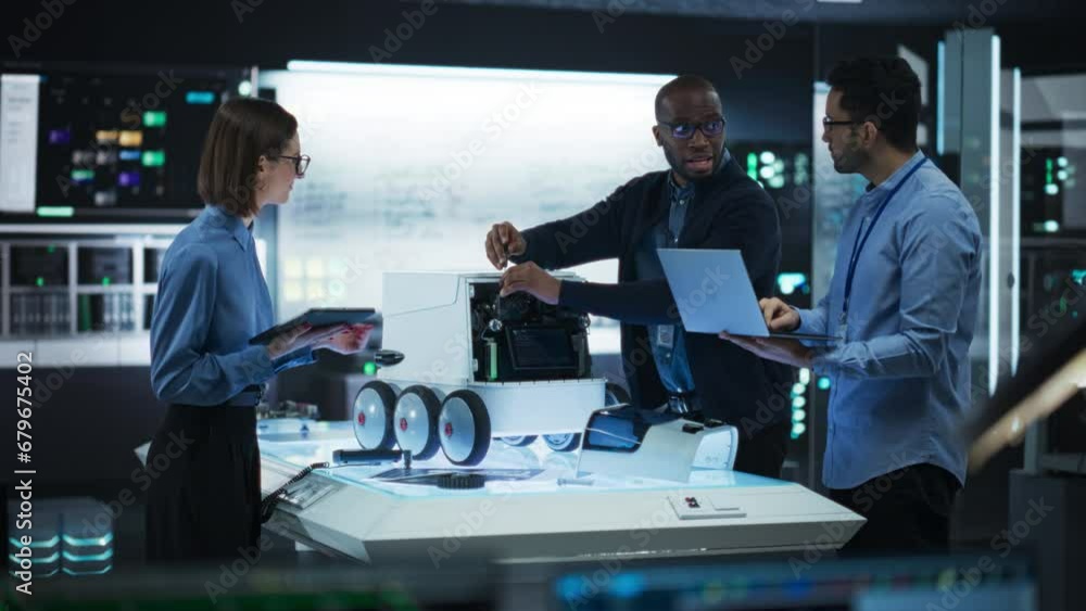 Poster Portrait of Team of Engineers Testing a Prototype for a Delivery Robot in a High-Tech Laboratory. Specialists Brainstorming and Discussing Possibilities for Improvement Using Laptop and Digital Tablet
