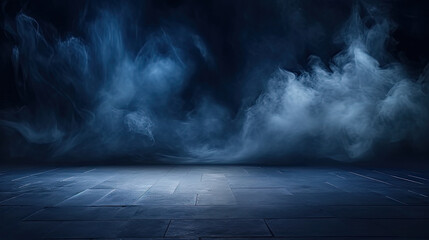 dark blue room background with smoke and floor, Dark empty scene, blue neon searchlight light, smoke, night view, rays. - obrazy, fototapety, plakaty