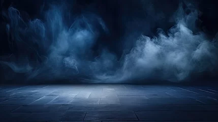 Fototapeten dark blue room background with smoke and floor, Dark empty scene, blue neon searchlight light, smoke, night view, rays. © Planetz