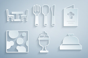 Set Ice cream in bowl, Cookbook, Cheese, Hotel service bell, Fork, spoon and knife and Wooden table with chair icon. Vector