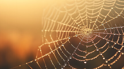 Spider web with dew drops in morning light