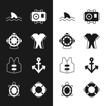 Set Wetsuit for scuba diving, Aqualung, Shark, Photo camera diver, Life jacket, Anchor, Lifebuoy and Turtle icon. Vector