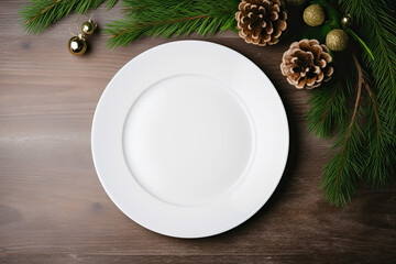 Obraz na płótnie Canvas Christmas white plate on the table, blank plate mock up 
