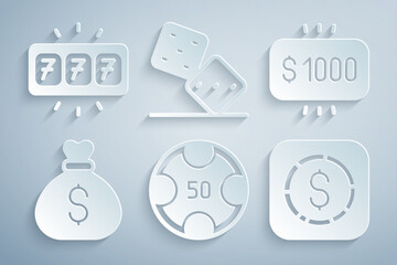 Set Casino chips, Money prize casino, bag, Coin money with dollar, Game dice and Slot machine jackpot icon. Vector