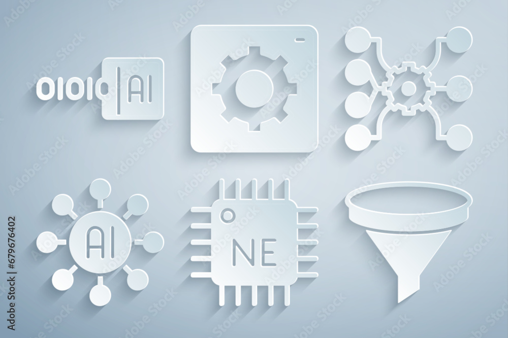 Poster Set Processor CPU, Neural network, Funnel filter, Computer api interface and Binary code icon. Vector