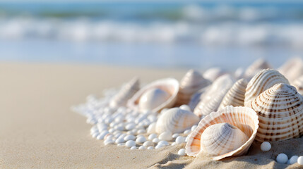 Close-up view of seashell texture on beach - obrazy, fototapety, plakaty