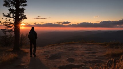 Silhouetted Hiker at Sunrise on Mountain Top Overlooking Valley