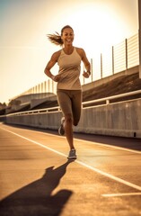 Portrait of beautiful woman working out and running on track, running outdoors and doing fitness exercises. healthy jogging and running concept