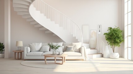  a living room with a white couch and a spiral stair case in the corner of the room with a potted plant in the corner of the room.