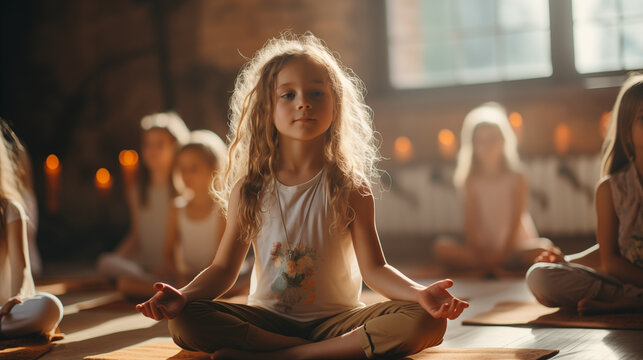 yoga class for kids. health care concept. beautiful children doing yoga in a bright room