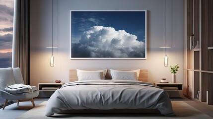  a bedroom with a large picture of a cloud hanging above the bed and a chair in front of the bed.