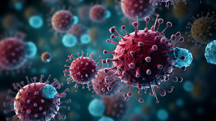 Microscopic view of virus particles on cell surface - obrazy, fototapety, plakaty