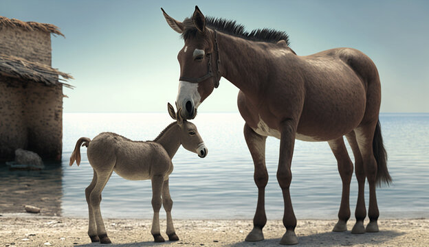 Younger and elder Mule animal sea AI Generated image