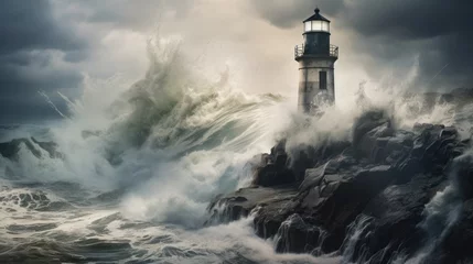 Foto auf Alu-Dibond  a lighthouse sitting on top of a rocky cliff in the middle of the ocean with a huge wave crashing over it. © Shanti