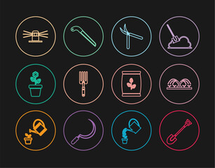 Set line Garden shovel, Automatic irrigation sprinklers, Gardening handmade scissor, fork, Flower pot, Fertilizer bag and saw icon. Vector