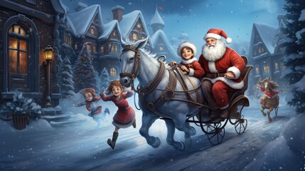  a painting of santa claus riding in a sleigh pulled by a little girl in a red dress and santa claus on a sleigh. - obrazy, fototapety, plakaty