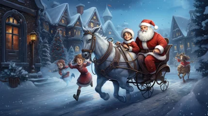 Fotobehang  a painting of santa claus riding in a sleigh pulled by a little girl in a red dress and santa claus on a sleigh. © Shanti