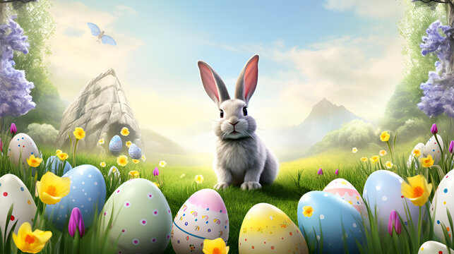 Hoppy Holidays: Bunny Adventures in the Egg-Filled Field with white background ai generated