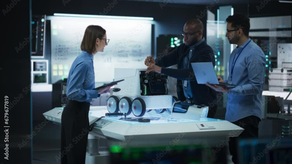 Poster Diverse Team of Industrial Robotics Specialists Gathered Around a Table With a Mobile Robot. Engineers Discussing an Automated Robotic Delivery Assistant with Artificial Intelligence