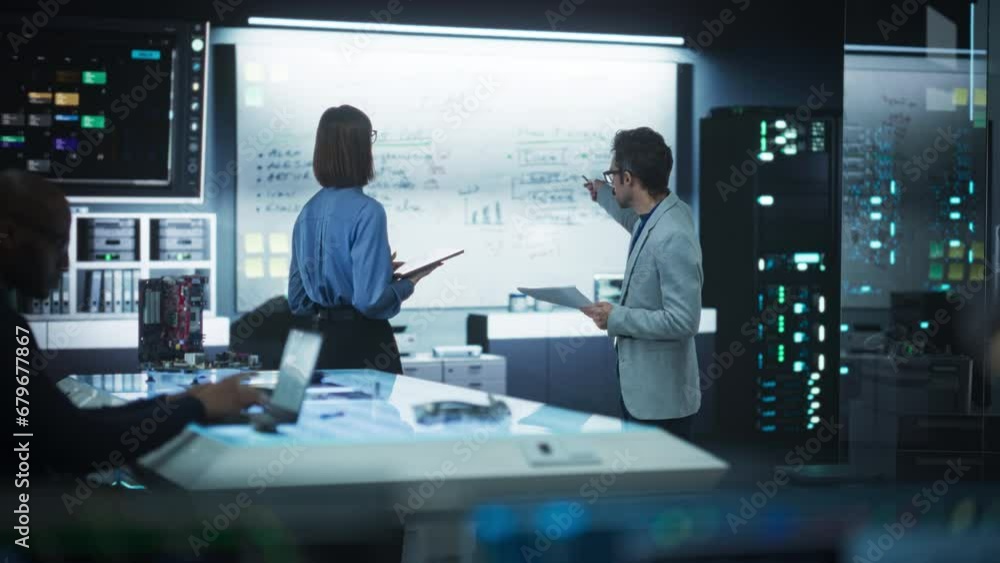 Aufkleber In Technological Research Facility: Portrait of a Team of Two Professional Engineers Using Digital Tablet and White Board to Discuss the Manufacturing Plan for Product Development