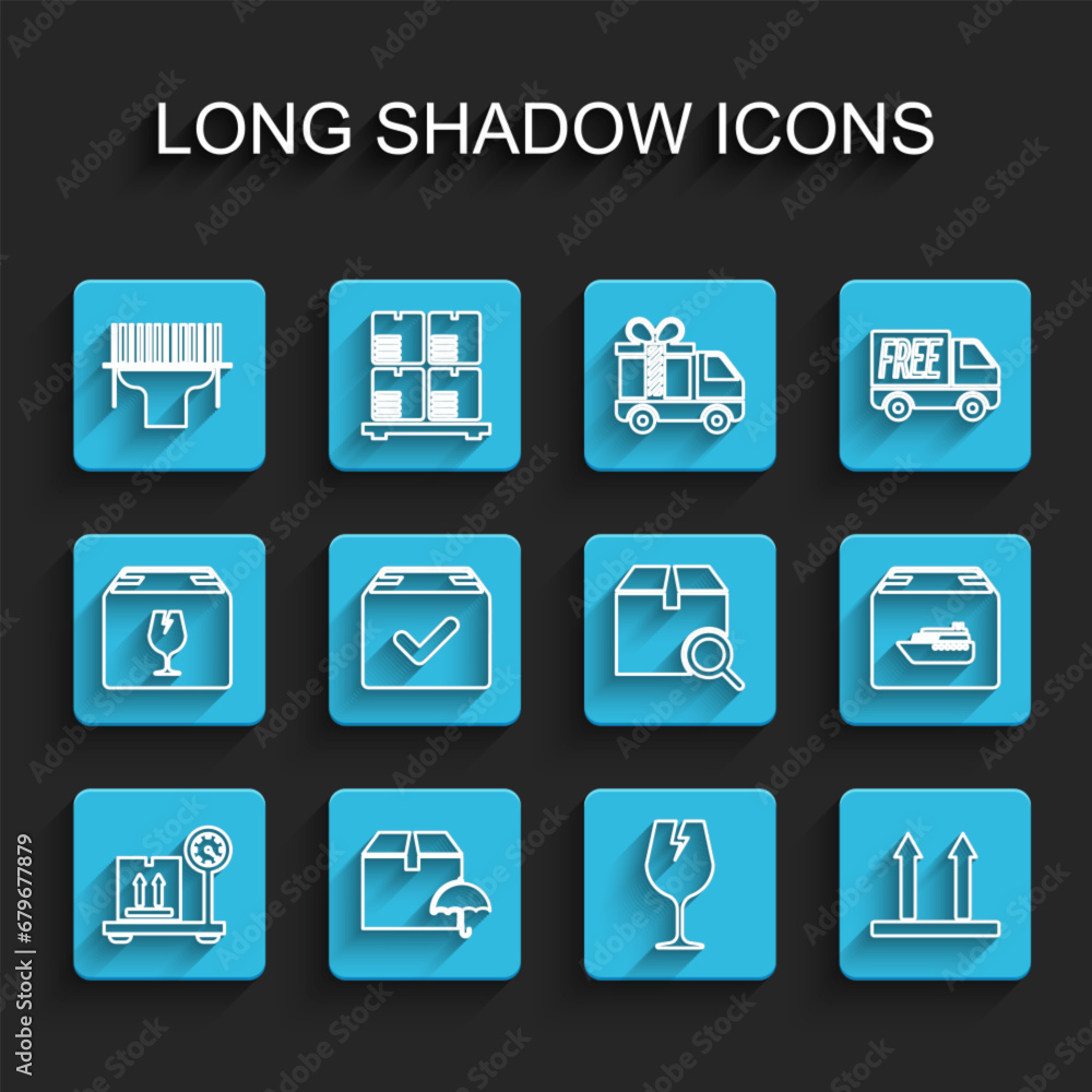 Poster set line scale with cardboard box, delivery package umbrella, scanner scanning bar code, fragile bro