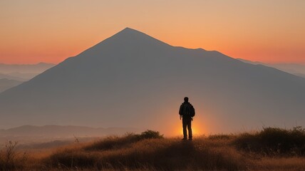 Hiker Overlooking a Mountain at Sunrise from a Hill