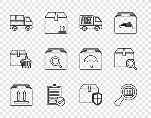 Set line Cardboard box with traffic, Search package, Free delivery service, Verification of list, Delivery truck boxes, security shield and icon. Vector