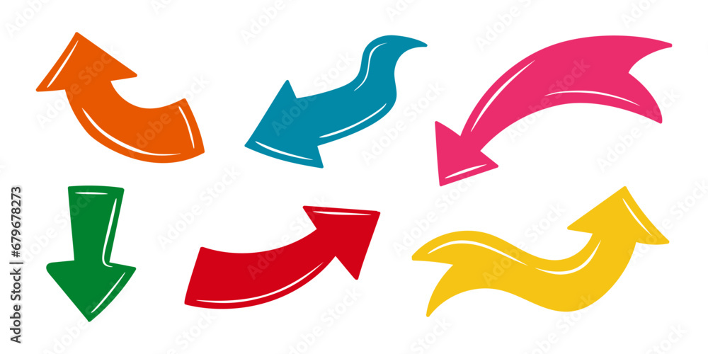 Poster colorful arrow vector set. various cartoon playful arrow pointers isolated on white background. coll