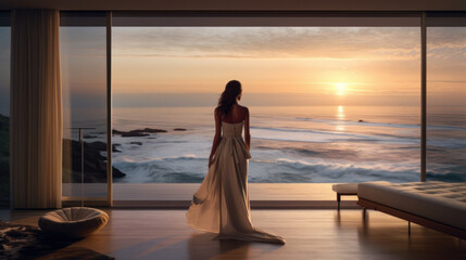 Young woman in an elegant dress in a modern living room overlooking the ocean. Concept of...