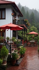 Fototapeta premium Serene Villa in the Rain: A Charming Country-Style Home with a Flat-Floor Design (Image VI 067)