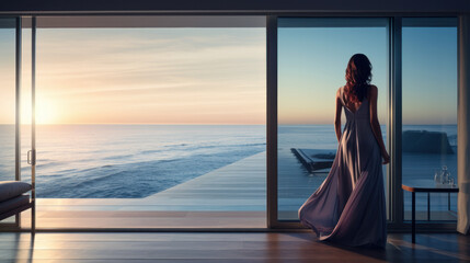 Young woman in an elegant dress in a modern living room overlooking the ocean. Concept of relaxation, enjoyment or freedom. - obrazy, fototapety, plakaty