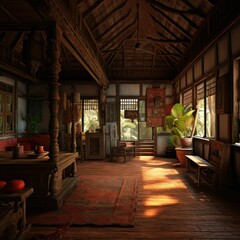 Exploring the Rustic Charm of Kerala's Traditional Homes: A Digital Art Depicting an Old House Interior