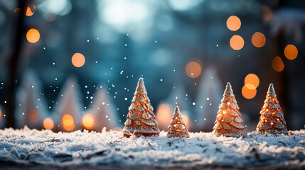Christmas decoration on snow in winter forest. Christmas background with bokeh lights. Generative AI technology.